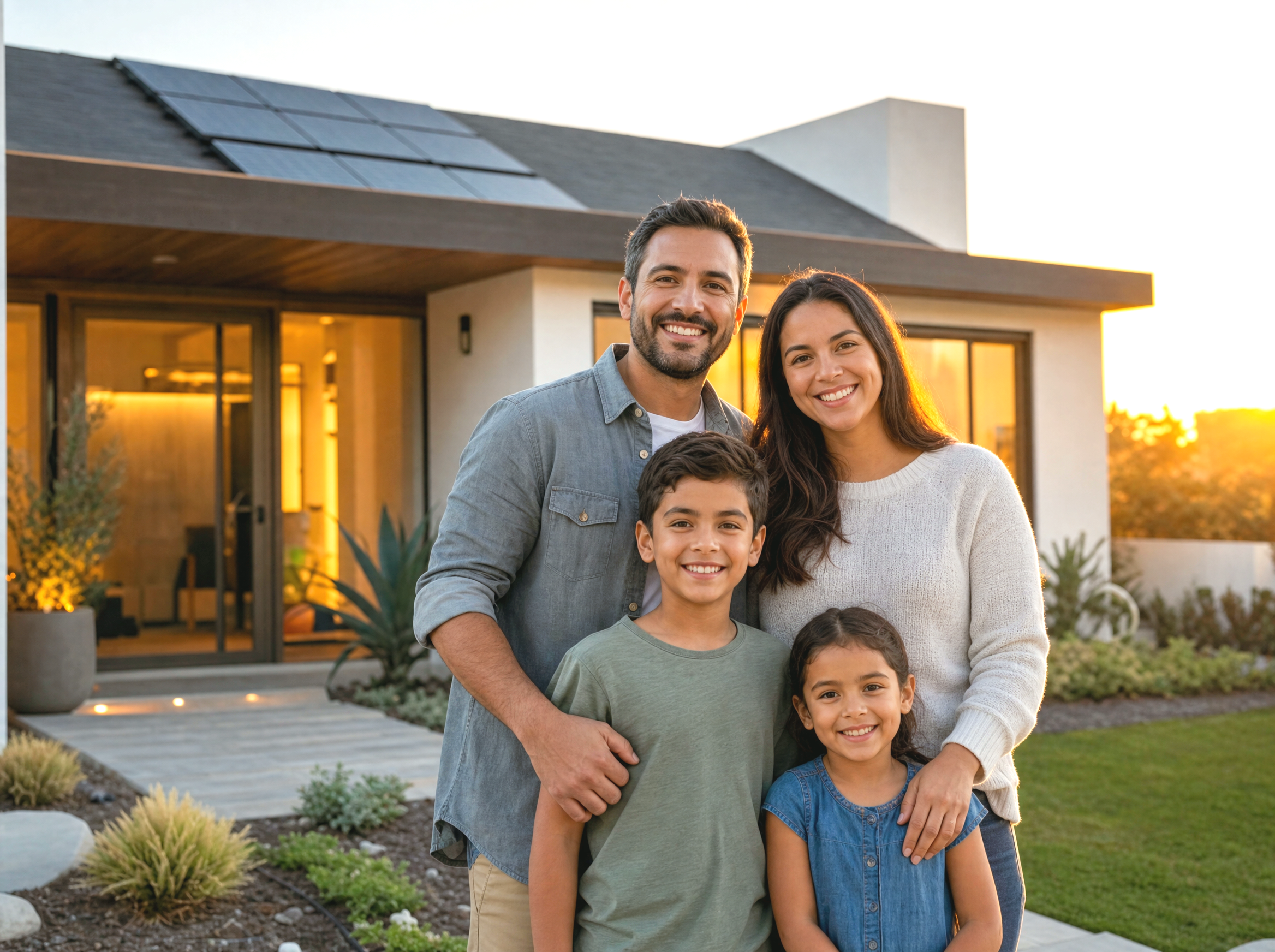 Familia frente a su casa con energía solar
